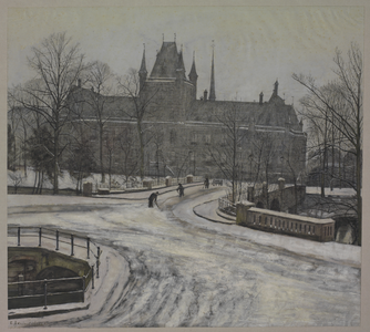 29000 Gezicht over de besneeuwde Abstederbrug over de stadsbuitengracht te Utrecht op de voorgevel van ...